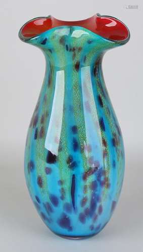 Large modern mouth-blown glass vase with glass-fusing