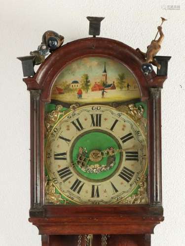 Antique oak Frisian tail clock with alarm clock. Around