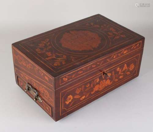 English mahogany travel chest with floral intarsia and