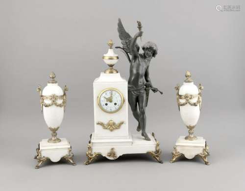 Antique French Carrara marble clock set with Amor.