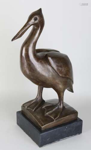 Large bronze Art Deco-style pelican on a black marble