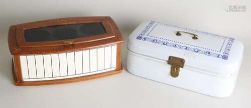 Two pre-war antique bread lid boxes. One time enamel,