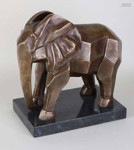 Art Deco style bronze elephant on black marble base.