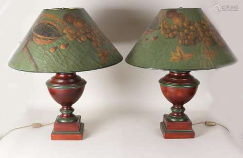 Two large old walnut table lamps with painted leather