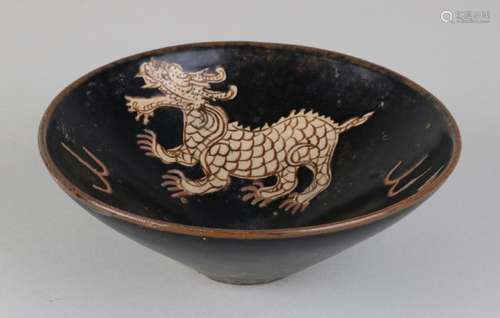 Ancient Chinese terracotta glazed Sang dish with dragon