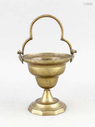 Early brass holy water holder with cherub heads and