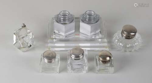 Lot of six old / antique inkwells with plated,