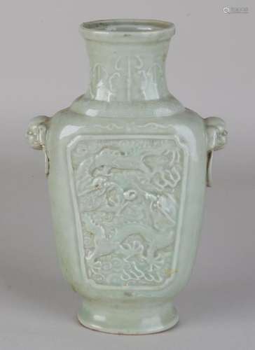 Antique Chinese porcelain celadon vase with dragons /