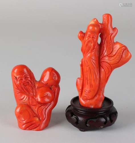 Two times old decorated Chinese pieces of coral with