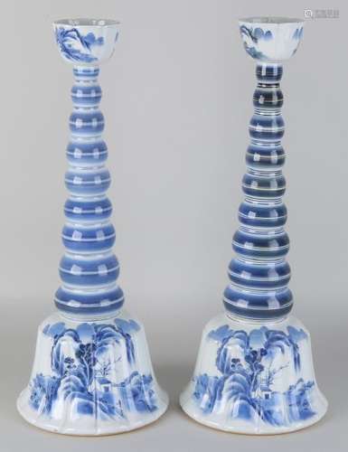 Two large old Chinese porcelain oil lamps with scenery