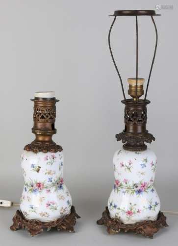 Two antique hand-painted porcelain lamp bases with