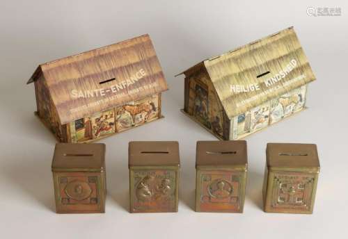 Six pre-war money boxes, missions. Consisting of: Four