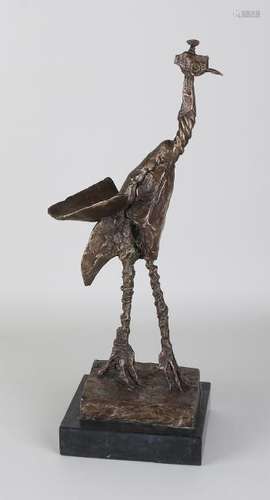 Surreal bronze ostrich on black marble base. 21st