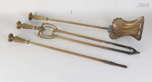 Three-part 19th century brass fireplace set.