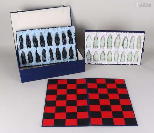 Chinese chess game with jade game pieces. In box. 21st