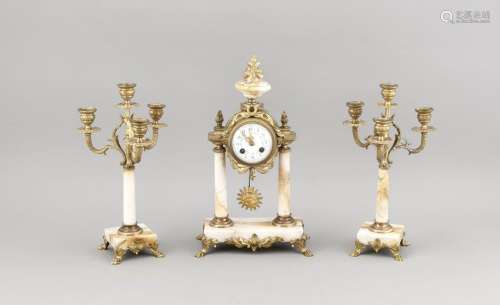 Antique French marble clock set with gilt brass. Circa