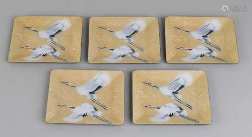 Five antique Japanese enameled dishes with cranes.