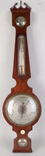 Antique English mahogany barometer with pewter dial.