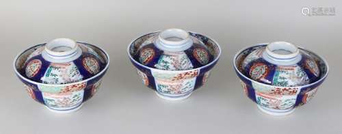 Three antique Japanese Imari porcelain rice bowls with