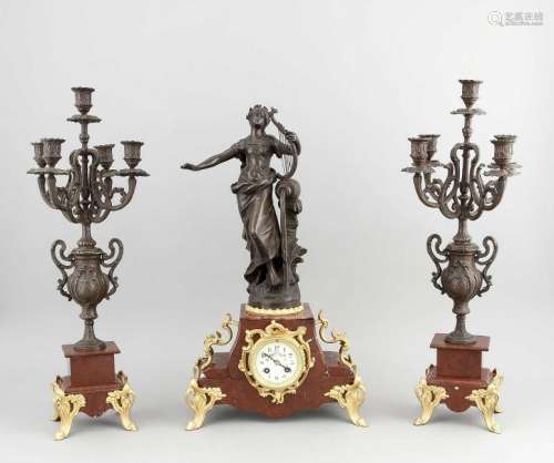Cool antique French red-marble clock set with