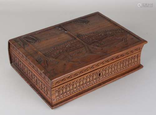 Oriental teak carved document box with lock and key.