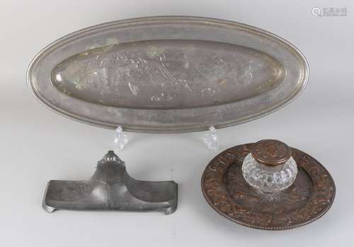 Two antique inkwells and pewter fish serving dish.