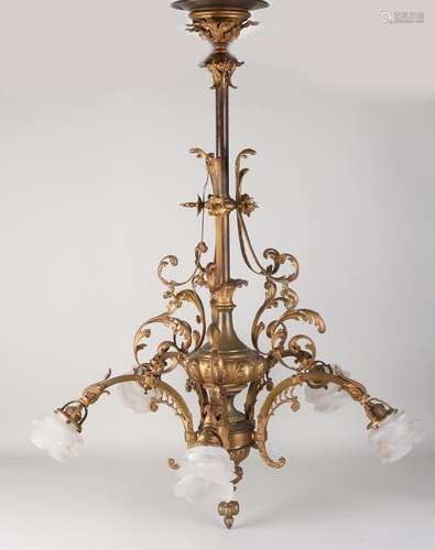 Large brass historicism ceiling lamp with five light