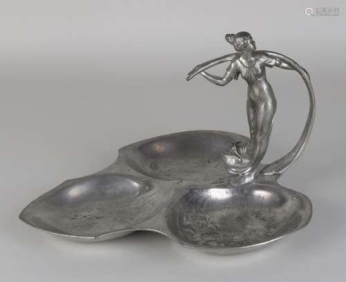 Antique pewter Jugendstil dish in lily pad shape.