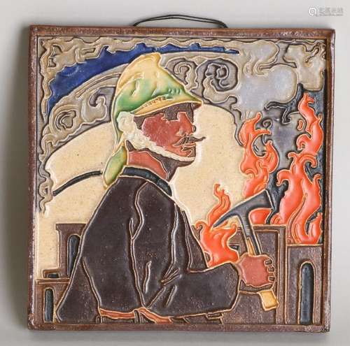 Rare Westraven polychrome wall tile. Brandmeesters