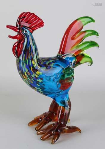 Modern Murano-style glass rooster with various colors.