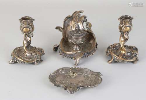 Four-piece Rococo-style bronze desk set. Circa 1900.