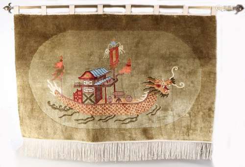 Old Chinese silk tapestry with dragon boat and brass