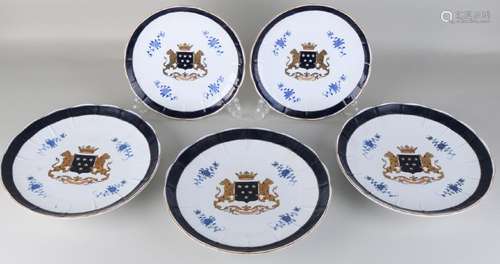 Five hand-painted old porcelain French weapon dishes.