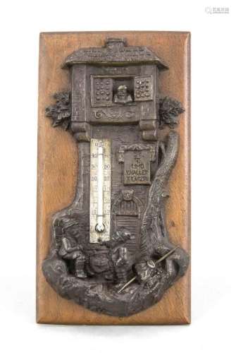 Antique German bronze thermometer with gnomes on walnut