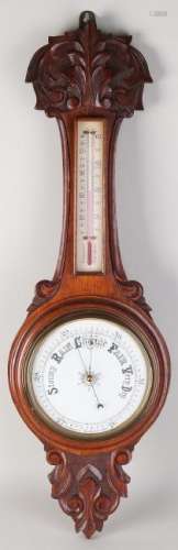 Antique English oak barometer with carving. Victorian.