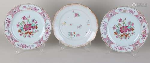 Three 18th century Chinese porcelain Family Rose plates