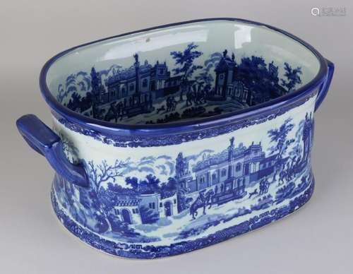 Large blue porcelain flowerpot bowl with castle and