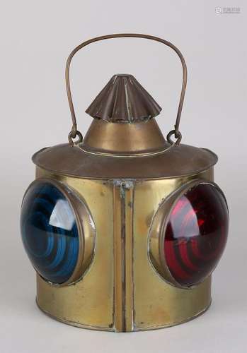 Antique Dutch brass ship's bow light with blue / red