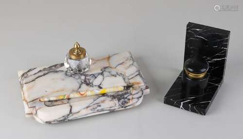 Two antique marble inkwells. Circa 1920 - 1930. One