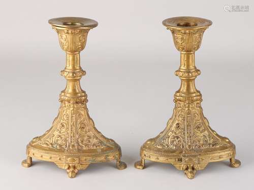 Two gilt 19th century brass candlesticks. Circa 1870.