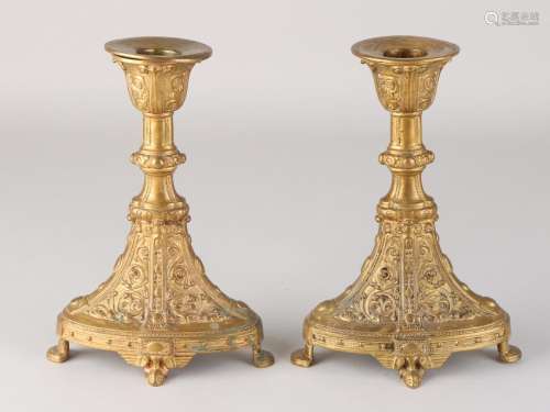 Two gilt 19th century brass candlesticks. Circa 1870.