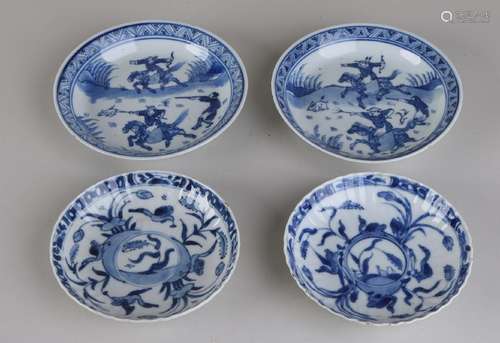 Four chinese porcelain dishes. Hunting rabbit twice,