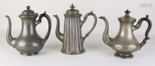 Three antique pewter coffee pots. Dimensions: H 23 - 24