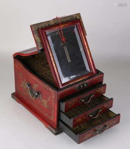 Tibetan painted jewelry box with drawers, hinged lid,