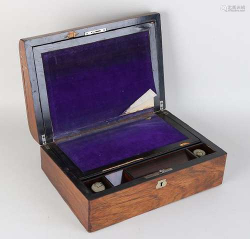 19th century mahogany English writing box with inkwells