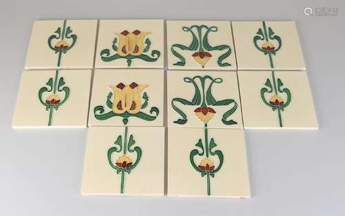 Tien Jugendstil floral high gloss tiles, diverse. 20th