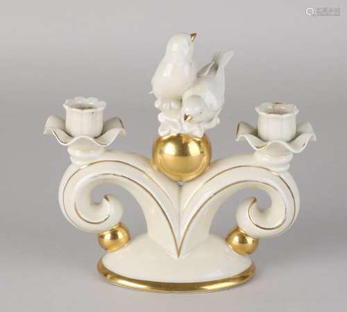 German porcelain candle holder with birds and gold