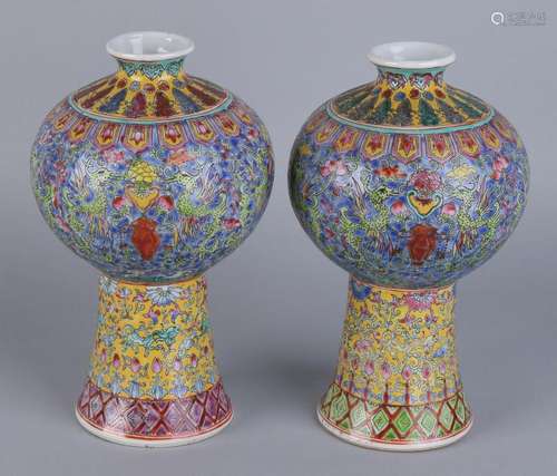 Two old Chinese porcelain ball vases on high stem. With