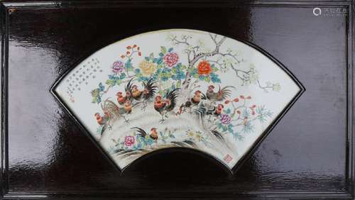 Large old chinese porcelain fan shaped tile in wooden