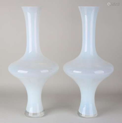 Two large modern opal glass design vases with monogram